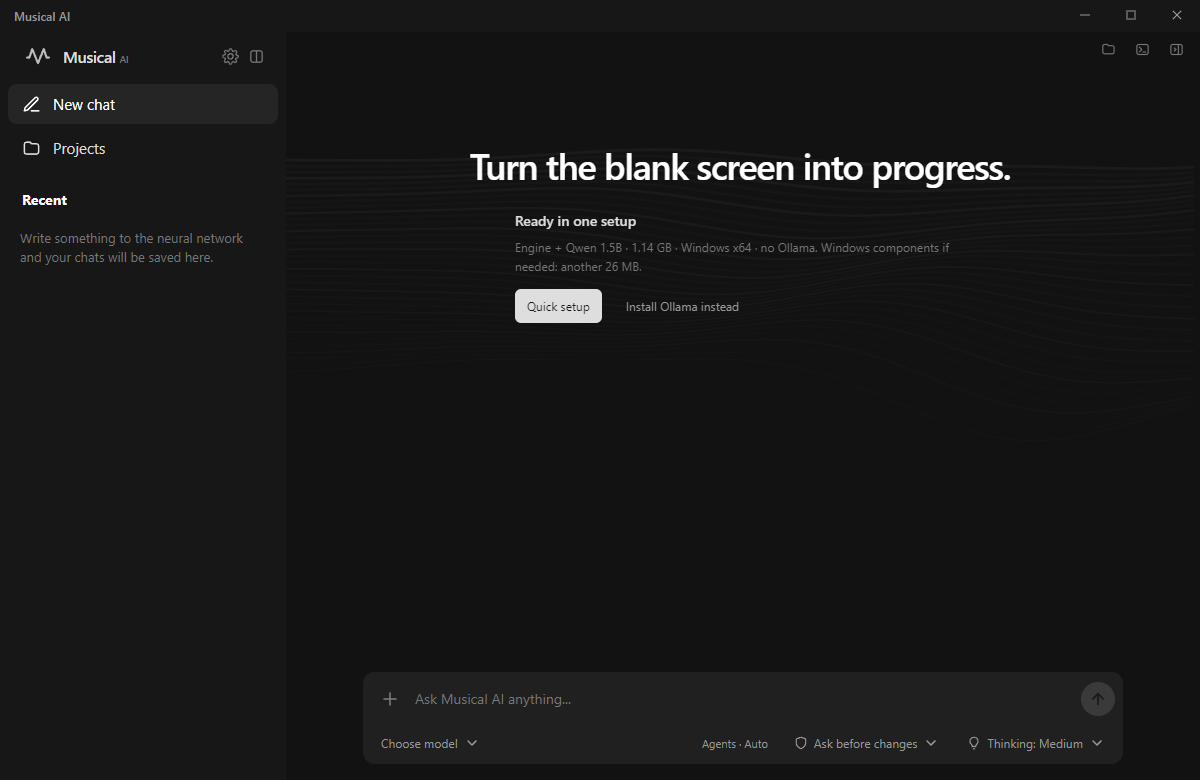 Musical AI desktop interface with projects and a chat composer